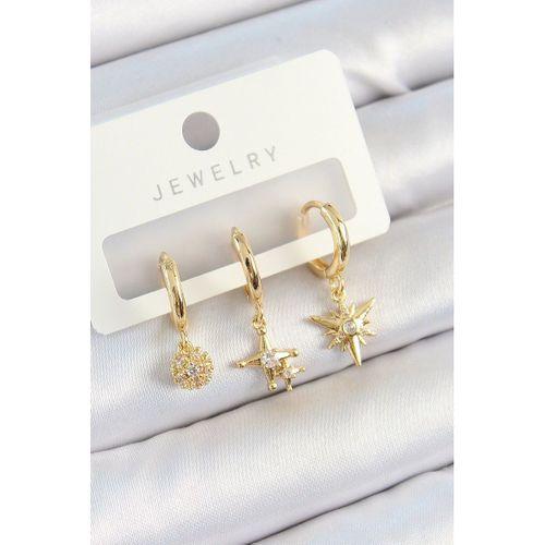 Pirinç Zirkon Taşlı Yıldız Model Gold Renk 3'lü Çift Kadın Küpe Set