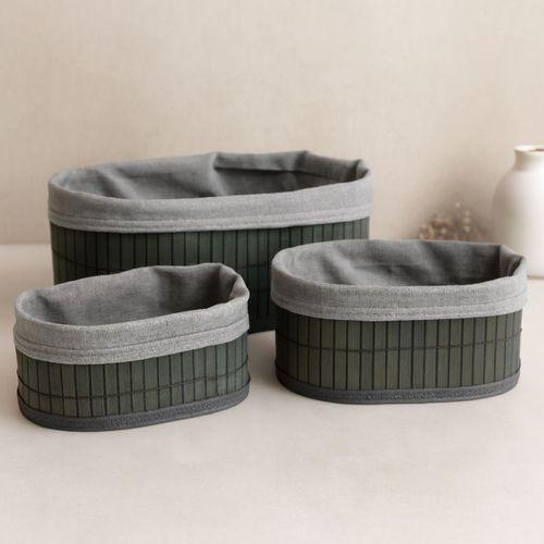 Oval Bambu Kenarlı 3'lü Organizer Sepet Seti - Gri