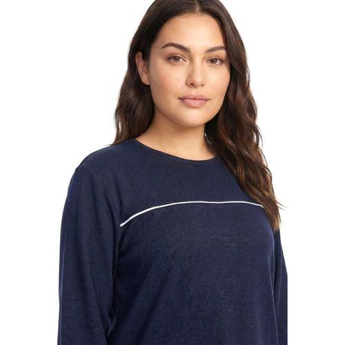 Kadın Büyük Beden Lacivert Uzun Kollu Pijama Takımı Şerit Detaylı Rahat Ev Giyim Seti