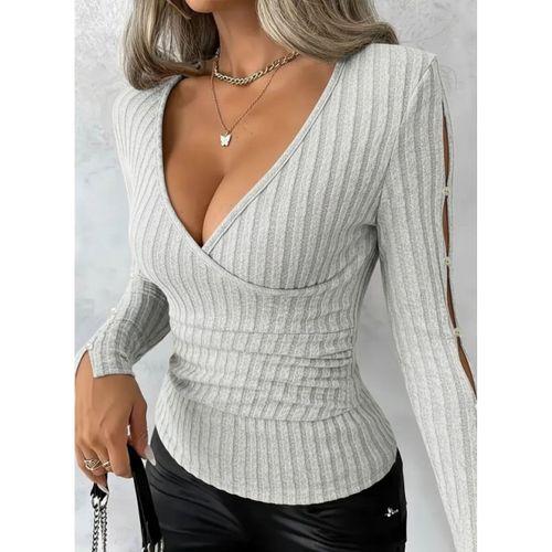 Kadın Uzun Kollu Kruvaze Yakalı Incili şardonlu Kaşkorse Bluz