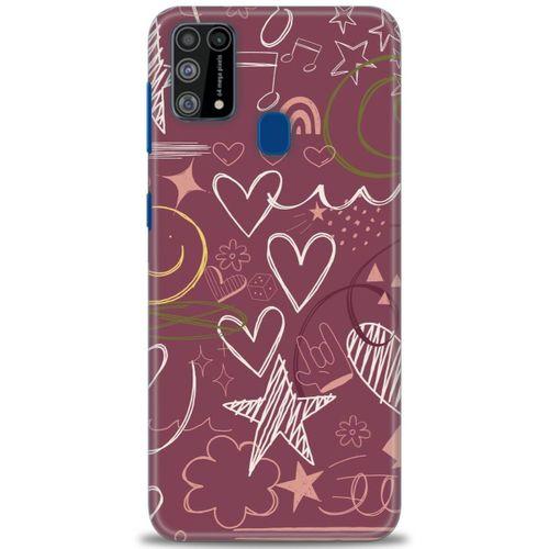 Samsung Galaxy M31 Kılıf HD Baskılı Kılıf - Notalar ve Kalpler Bordo + Tam Ekran Koruyucu
