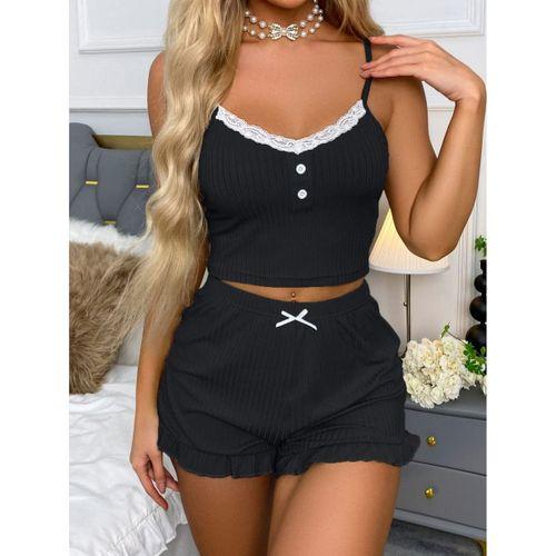 Siyah Likralı Düğmeli Yumuşacık 2li Pijama Takımı