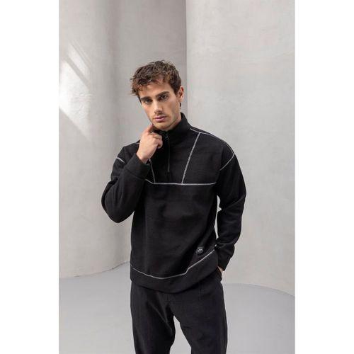 Crowe Çizgi Şeritli Oversize Yarım Fermuar Polar Erkek Sweatshirt - Siyah