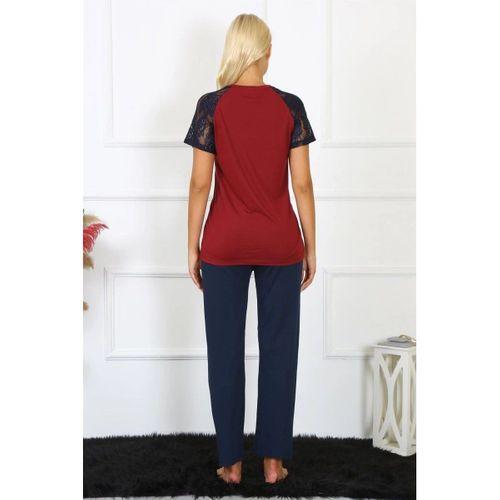 Kadın Kolu Dantelli Penye Pijama Takım Bordo