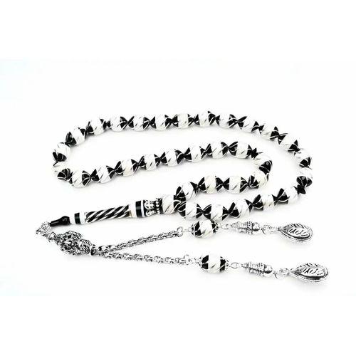 Oltu Taşı Beyzi Model  İşlemeli Altılı Çeşmi Bülbül  Beyaz Galalith Tespih