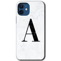 MRCİLETİSİM iPhone 12 Kılıf HD Desen Baskılı Arka Kapak + Temperli Cam - Beyaz Mermer Desenli A Harfi