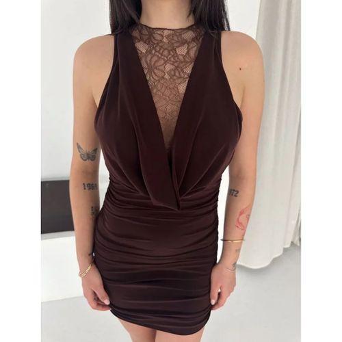 Dantel Detaylı Derin Dekolte Drapeli Mini Elbise Şık Kolsuz - Kahvrenegi