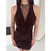 Dantel Detaylı Derin Dekolte Drapeli Mini Elbise Şık Kolsuz - Kahvrenegi