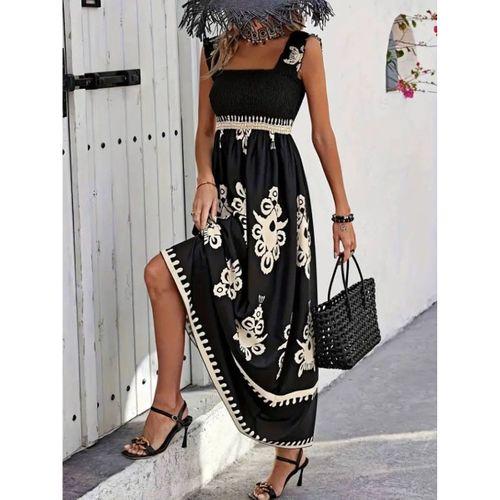 Kadın Askılı Kare Yaka Gipe Detaylı Desenli Suprem Elbise