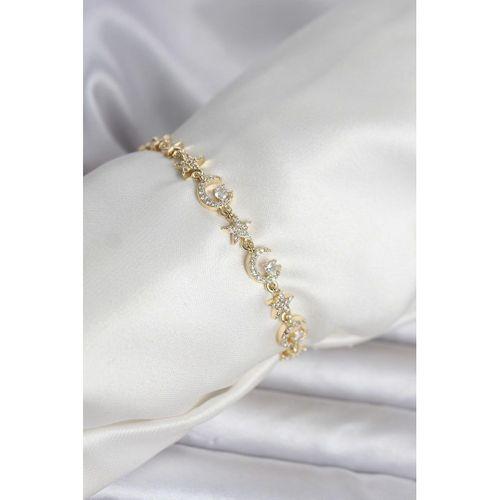 Pirinç Gold Renk Zirkon Taşlı Ay ve Yıldız Model Kadın Bileklik