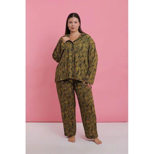 Kadın Büyük Beden Tropikal Yaprak Desenli Düğmeli Pijama Takımı