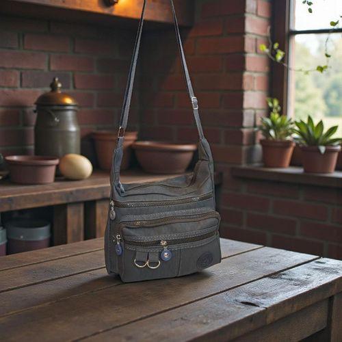 Fiyra ç2 Gri Beş Gözlü Krinkıl Kumaş Bayan Çapraz Omuz Çanta