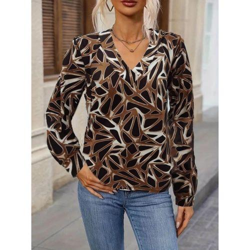 Kadın Uzun Kollu V Yaka Düşük Omuz Geometrik Desen şardonlu Dalgıç Bluz