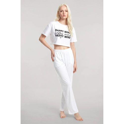 Kadın Beyaz Baskılı Crop T-shirt Pantolon Takım Rahat Günlük Kombin 2’li Set