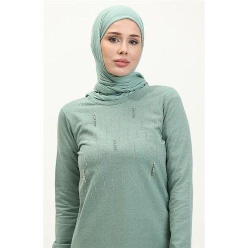 Taşlı Çizgi Desenli Bisiklet Yaka Uzun Tunik Sade Basic Eşofman Spor Takımı - 03048.100 - Çağla Yeşili