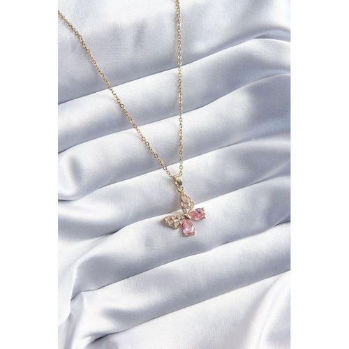 Erb 316L Çelik Gold Renk Pembe Zirkon Taşlı Kelebek Model Kadın Kolye