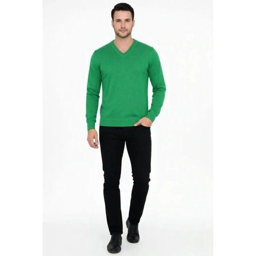 Erkek V Yaka Triko Kazak Yumuşak Dokulu Pamuklu Ince Dokuma, Uzun Kollu Rahat Regular Kalıp - Çimen Yeşili