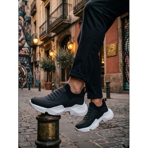 BA0402 Bağcıksız Rahat Yüksek Taban Siyah Erkek Spor Yarım Bilek Bot