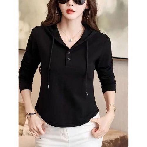 Kadın Uzun Kollu Kapşonlu Bağcıklı Düğmeli Viskon Iki Iplik Bluz