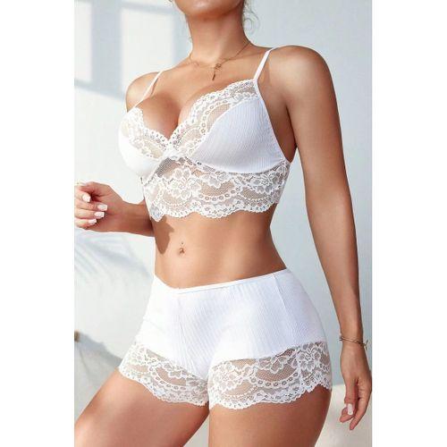 Kadın Beyaz Kaşkorse Ve Dantel Detaylı Şortlu Gecelik Takım