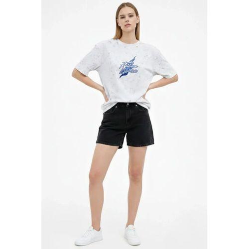 Asit Yıkamalı Oversize Tişört Future Worlds Baskılı Bisiklet Yaka Kısa Kollu Streetwear %100 Pamuk Street Style T-Shirt - Beyaz