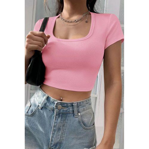 Kadın Pembe Yarım Kol Düz Yaka Crop Top Bluz