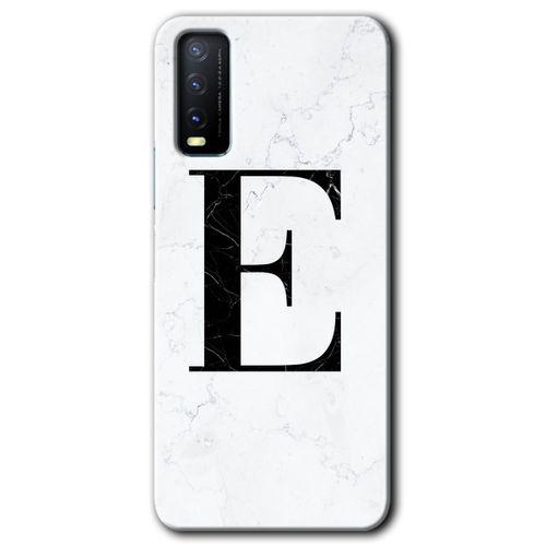 Vivo Y20 Kılıf HD Desen Baskılı Arka Kapak - Beyaz Mermer Desenli E Harfi + Kırılmaz Cam