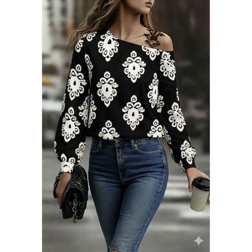 Kadın Askılı Uzun Kollu Omuzlardan Açık Desenli Mosskrep Bluz