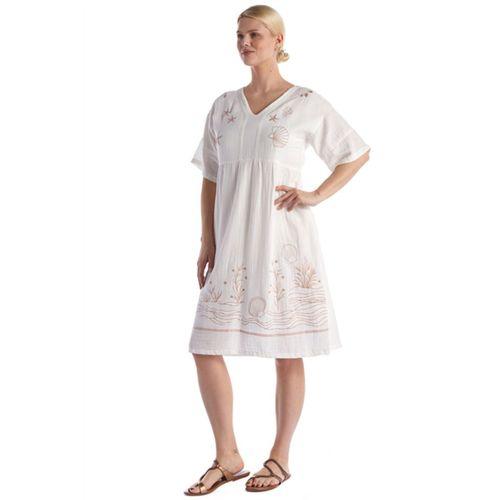 Kısa Kol Kırık Beyaz V Yaka Nakışlı Midi Boy Müslin Yazlık Elbise