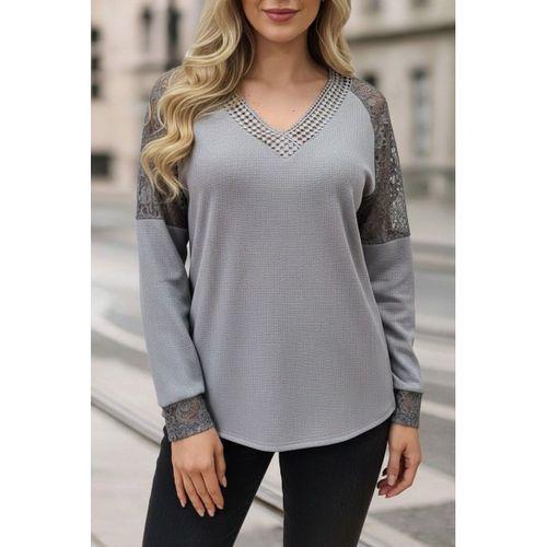 Kadın Uzun Kollu V Yakalı Dantelli Waffle Bluz