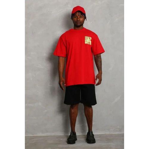 Erkek Baskılı T-Shirt Kısa Kol Bisiklet Yaka Regular Fit Rahat Kalıp Günlük Tişört - Kırmızı