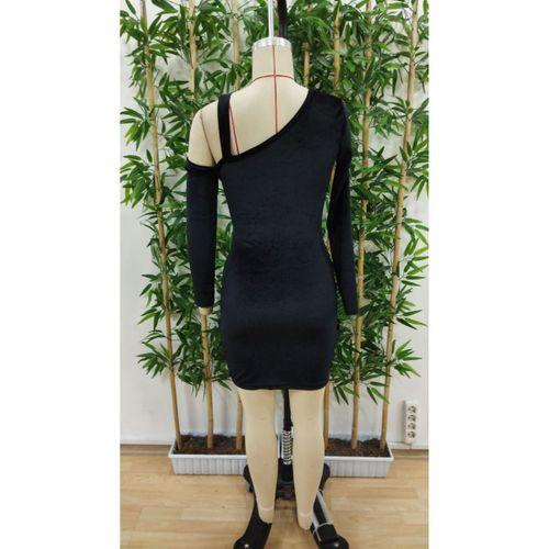 Kadın Uzun Kollu Tek Omuzu Açık Tokalı Takma Kol Detaylı Kısa Kadife Elbise