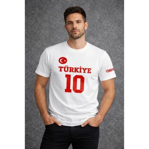 Erkek TÜRKİYE Ay Yıldız Baskılı 10 Numara Forma Tişört Taraftar T-Shirt - Beyaz