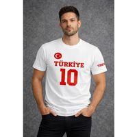 Erkek TÜRKİYE Ay Yıldız Baskılı 10 Numara Forma Tişört Taraftar T-Shirt - Beyaz