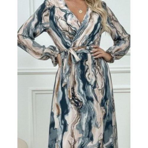 Kadın Uzun Kollu Kruvaze Yakalı Beli Kuşaklı Desenli Süprem Maxi Elbise