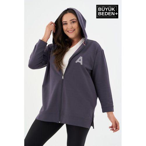 Kadın Tunik Büyük Beden A Baskılı Fermuarlı Kapşonlu Sweat Hırka SPR26BTK955-1