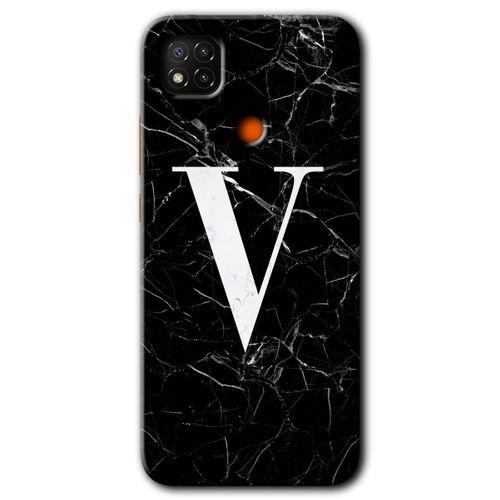 Xiaomi Redmi 9c Kılıf HD Desen Baskılı Arka Kapak - Siyah Mermer Desenli V Harfi