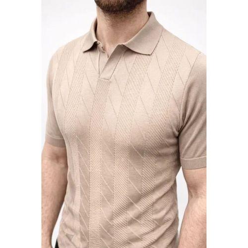 Erkek Yazlık Triko Dokuma Tişört Kısa Kol Polo Yaka T-Shirt - Bej