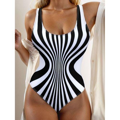 Kadın Yuvarlak Yaka Askılı Zebra Desen Baskılı Dalgıç Mayo