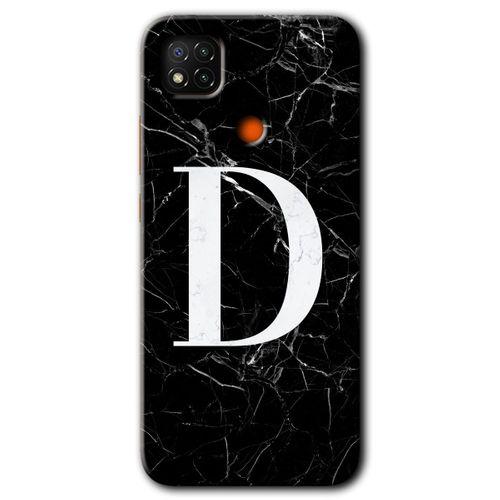 MRCİLETİSİM Xiaomi Redmi 9c Kılıf Baskılı Kapak - Siyah Mermer Desenli D Harfi + 5D Tam Kaplayan Cam