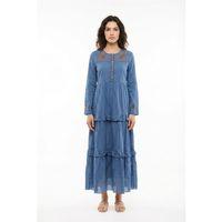 Uzun Kol Zeynep Bisiklet Yaka Nakışlı Uzun Vual Elbise İndigo indg