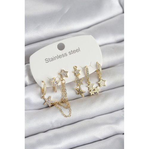 316L Çelik Gold Renk 6'lı Set Zincirli Yıldız Modelli Kadın Küpe