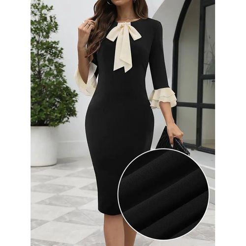 Kadın Truvakar Kollu Fiyonk Yakalı Midi Ithal Krep Elbise