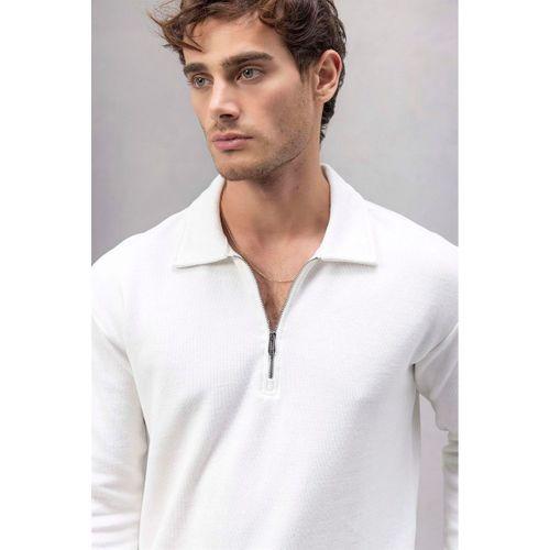 Eric Relax Fit Yarım Fermuarlı Polo Yaka Selanik Kumaş Erkek Sweatshirt - Ekru