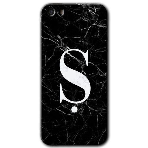MRCİLETİSİM iPhone 5 Kılıf HD Desen Baskılı Arka Kapak + Temperli Cam - Siyah Mermer Desenli Ş Harfi