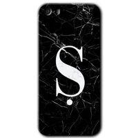 MRCİLETİSİM iPhone 5 Kılıf HD Desen Baskılı Arka Kapak + Temperli Cam - Siyah Mermer Desenli Ş Harfi