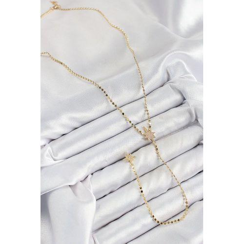 Pirinç Zirkon Taşlı Ezme Zincirli Kutup Yıldızı Model Gold Renk Y Kolye