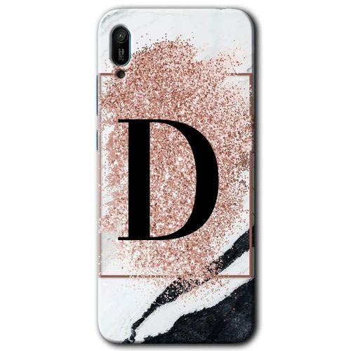 MRCİLETİSİM Huawei Y6 2019 Kılıf Baskılı Kapak - Pembe Mermer Desenli D Harfi + 5D Tam Kaplayan Cam