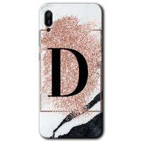 MRCİLETİSİM Huawei Y6 2019 Kılıf Baskılı Kapak - Pembe Mermer Desenli D Harfi + 5D Tam Kaplayan Cam