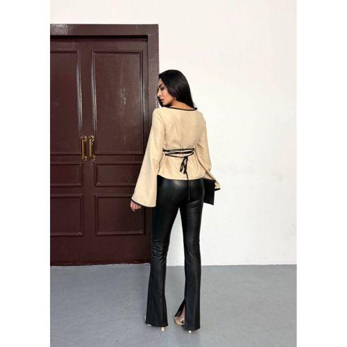 Kadın Belde Bağcık Detaylı Keten Bluz